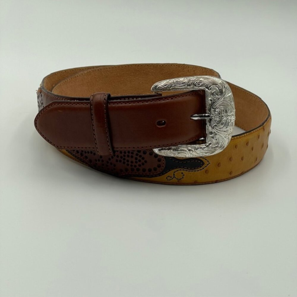 Tony Lama Western Mens Belt Leather Ostrich C40784 Silver Buckle size 40 Pierced